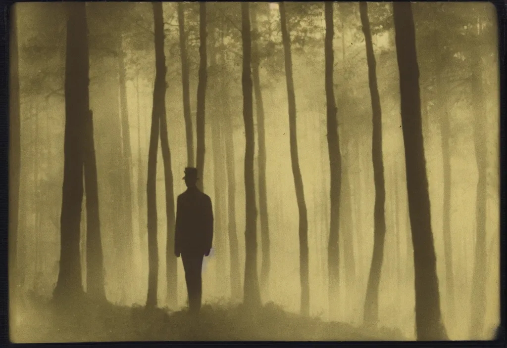 Image similar to vintage polaroid photograph of a silhouette of a man standing in a forest