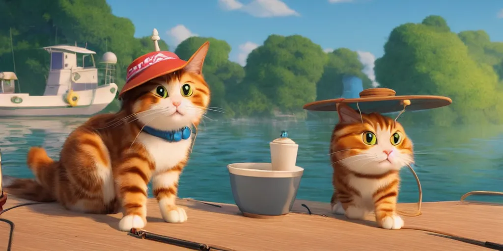 Image similar to a wholesome animation key shot of a cute cat on a fishing boat wearing a sunhat, studio ghibli, pixar and disney animation, sharp, rendered in unreal engine 5, anime key art by greg rutkowski, bloom, dramatic, dynamic lighting