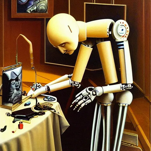 Image similar to robot artist artist painting a self portrait, by clyde caldwell, james c. christensen, h. r. giger, george tooker