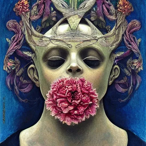 Image similar to masterpiece painting of a facemask made of stylized flowers, by annie swynnerton and jean delville and tino rodriguez, flower mask, symbolist, dramatic lighting, god rays, elaborate geometric ornament, clean crisp graphics, soft cool colors, smooth, sharp focus, extremely detailed