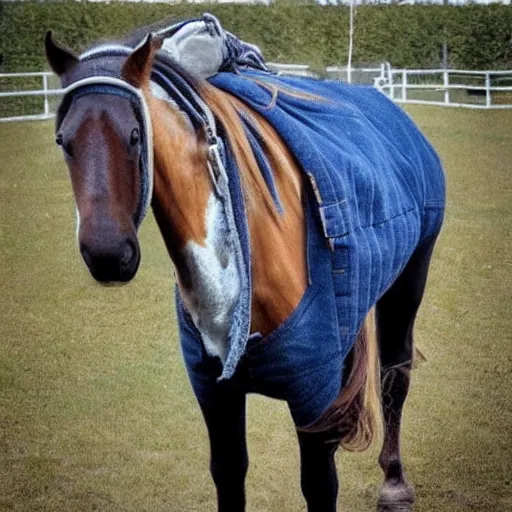 Image similar to a horse wearing jeans.