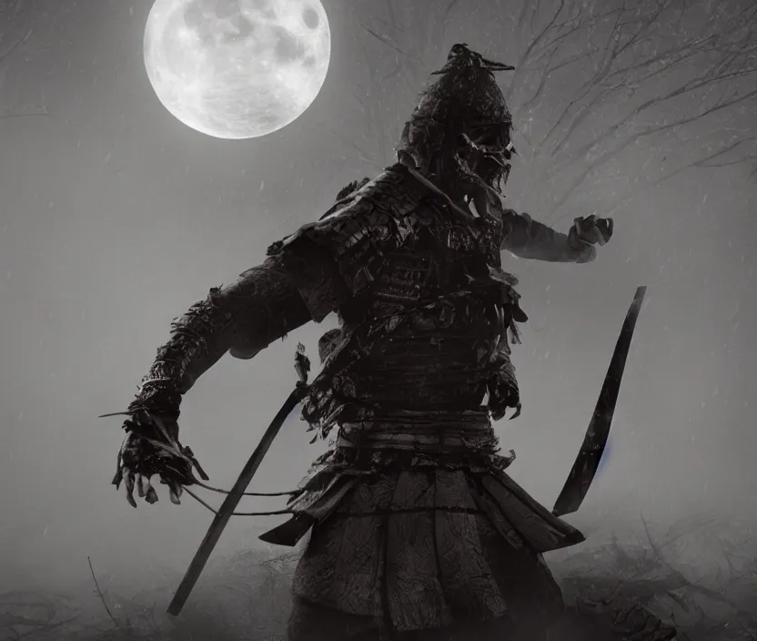 Image similar to 'a samurai! haunted by souls and ghosts with a big full moon on background , gloomy and foggy atmosphere, octane render, artstation trending, horror scene, highly detailded'