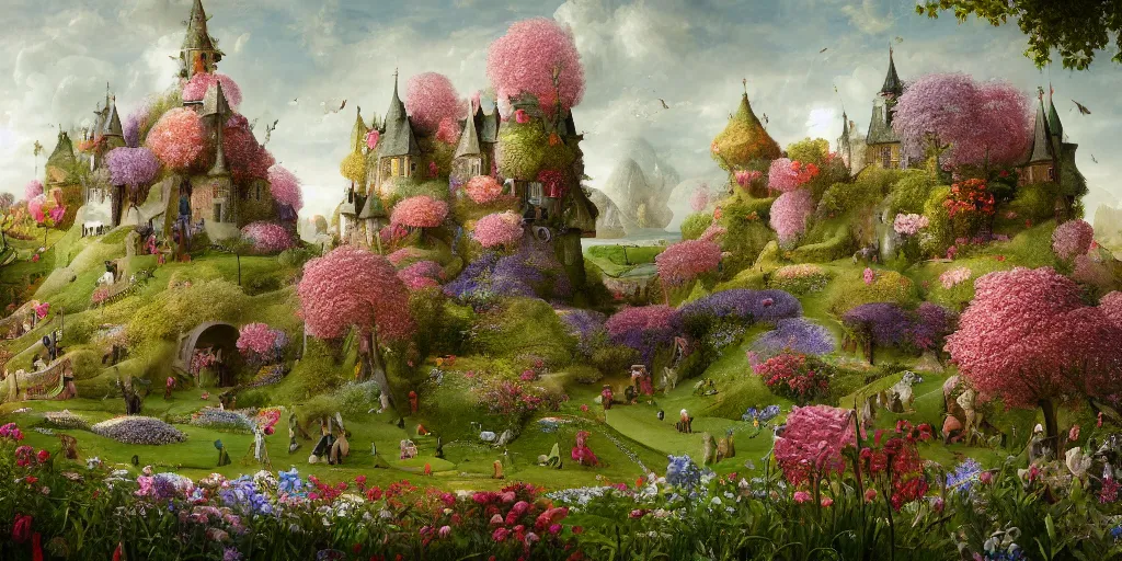 Prompt: a hiper intricate 3 d artwork of a beatifull house made from big flowers in the serene field, intricate, highly detailed, digital painting, artstation, concept art, extremely detailed, sharp focus, octane render wide view, smooth, digital illustration, colorfull, by vlop, by hieronimus bosch