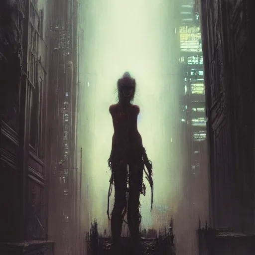 Image similar to a young woman in a cyberpunk noir city by gustave dore and gustave moreau and beksinski and giger and craig mullins and jeremy mann