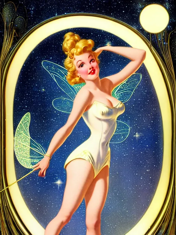 Image similar to Diana argon as tinkerbell glowing, a beautiful art nouveau portrait by Gil elvgren and Hajime Sorayama, moonlit starry sky environment, centered composition, defined features, golden ratio, gold jewlery, sheer silk