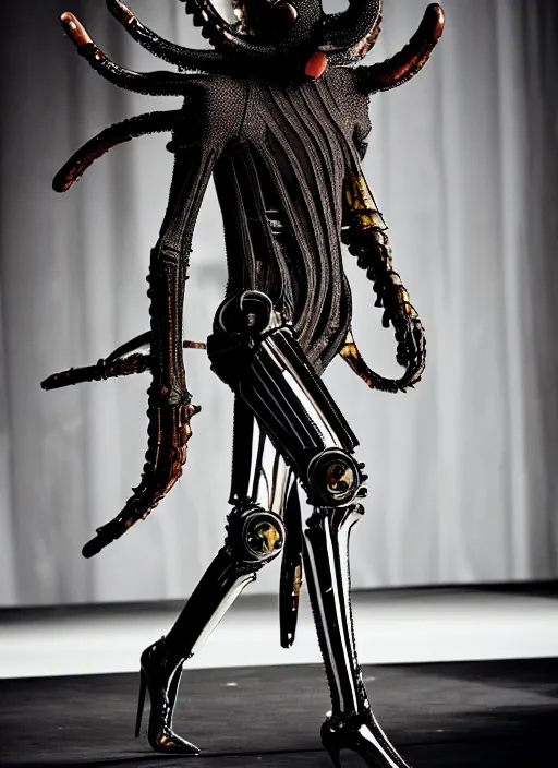 Prompt: walking down the catwalk, steven klein, show, stage, vogue photo, podium, fashion show photo, iris van herpen, beautiful woman, full body shot, helmet on face, masterpiece, plant predator, giger, guyver, jellyfish, biomechanical details, vibrant