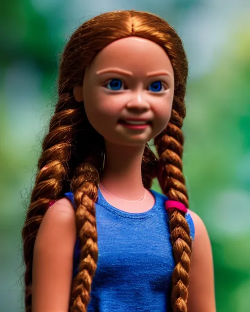 Image similar to high quality presentation photo of a cute greta thunberg barbie doll, photography 4k, f1.8 anamorphic, bokeh, 4k, Canon, Nikon