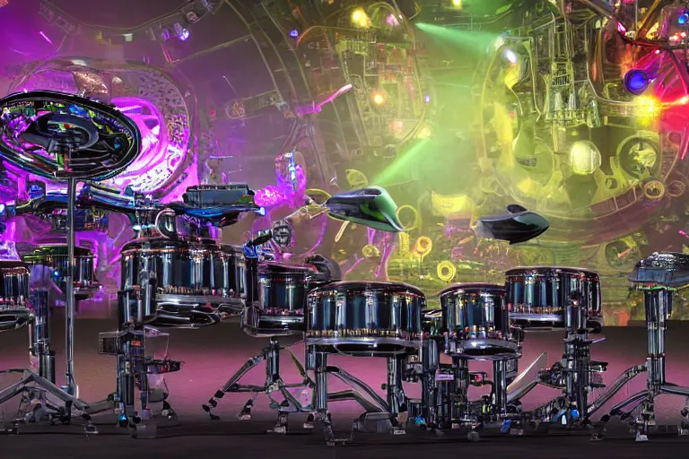 Image similar to photo of huge robotic drumset on a concert tage, the drumset is futuristic steampunk style with gears and tubes, 8 k, fluorescent colors, halluzinogenic, multicolored, exaggerated detailed, unreal engine