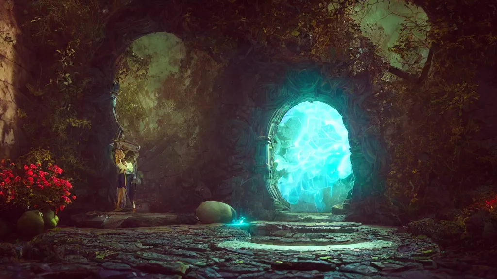 Prompt: a portal within a portal leading to a portal-filled portalworld, volumetric lighting, unreal engine 5, magical spellbinding atmosphere, photorealistic, vibrant colors, hyperdetailed 3d matte painting, hyperrealism, hyperrealistic, cinematic masterpiece, fantasy style 8k ultrahd octane render