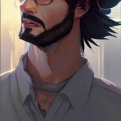 Prompt: concept art character, very high angle view, book cover, very attractive man with beard, walking in cyberpunk valley highly realistic shaded Perfect face, fine details, Anime. realistic shaded lighting by Ilya Kuvshinov katsuhiro otomo ghost-in-the-shell, magali villeneuve, artgerm, rutkowski, WLOP Jeremy Lipkin and Giuseppe Dangelico Pino, borderlands 3 style, Michael Garmash and Rob Rey book cover, deep shadows, , extremely fine inking lines