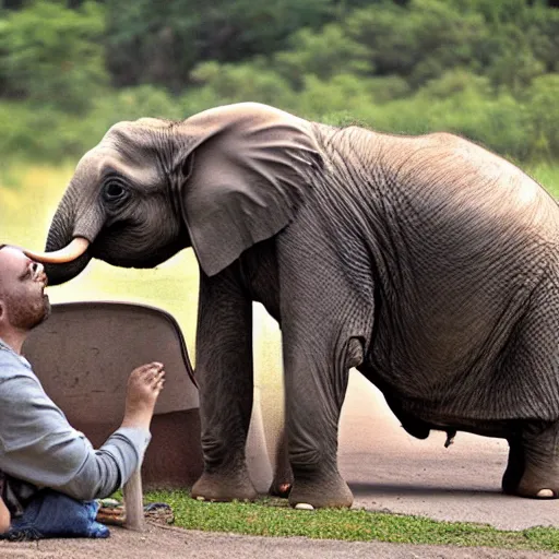 Image similar to a Elephant-Pug Hybrid, A Elephant that looks like a pug, huge tusks, afternoon hangout, good times photograph, candid