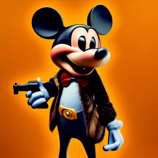 Image similar to 3d anthropomorphic rat, disney pixar, holding tommy gun, velvet, fur coat, high quality, golden necklace, fendi, high fashion