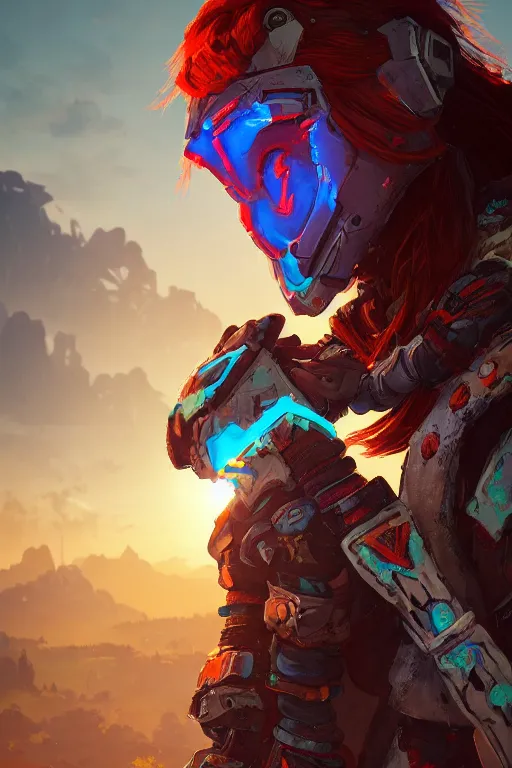 Image similar to combination suit armor aloy horizon forbidden west horizon zero dawn radiating a glowing aura global illumination ray tracing hdr fanart arstation by ian pesty and alena aenami artworks in 4 k tribal robot ninja mask helmet backpack