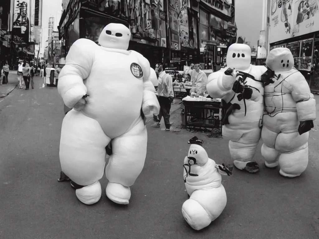 Image similar to 3 5 mm photography of michelin man and stay - puft marshmallow man taken by harry gruyaert