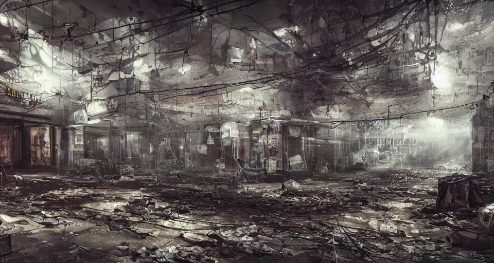 Image similar to photo realistic!! a rundown mall interior with hanging wires and graffiti, very detailed, dramatic lighting, various rubble is on the ground, slightly smokey, artstation, unreal engine