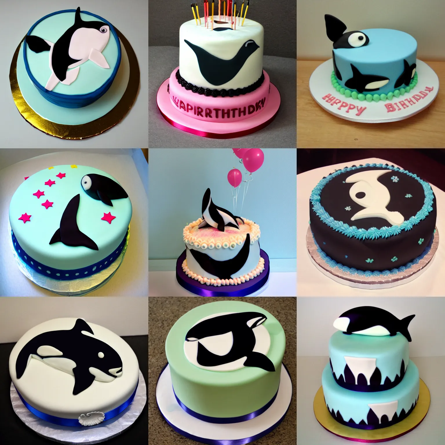 Prompt: birthday cake decorated with orca motif