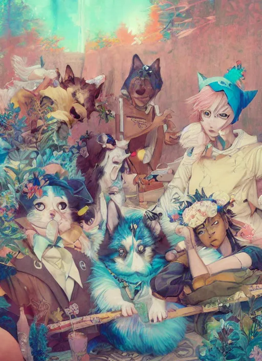 Prompt: beautiful fantasy painting scene of anime hiphop summer corgi party, by Kenne Gregoire, James Jean, Tran Nguyen, WLOP, Jakub Rebelka. trending on Artstation, 8k, masterpiece, chill summer, graffiti paint, fine detail, full of color, intricate detail, golden ratio illustration