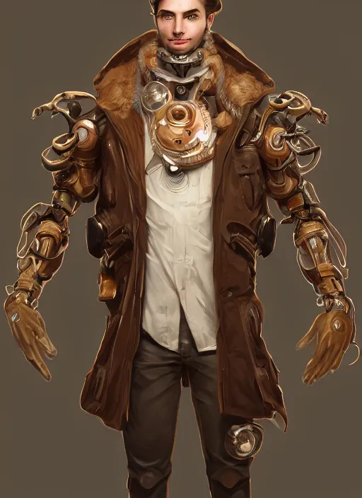 Prompt: a highly detailed illustration of thick wavy brown haired young white guy wearing brown coat and face mask, extra mechanical arms on his back, dramatic hands in pocket standing pose, intricate, elegant, highly detailed, centered, digital painting, artstation, concept art, smooth, sharp focus, league of legends concept art, WLOP