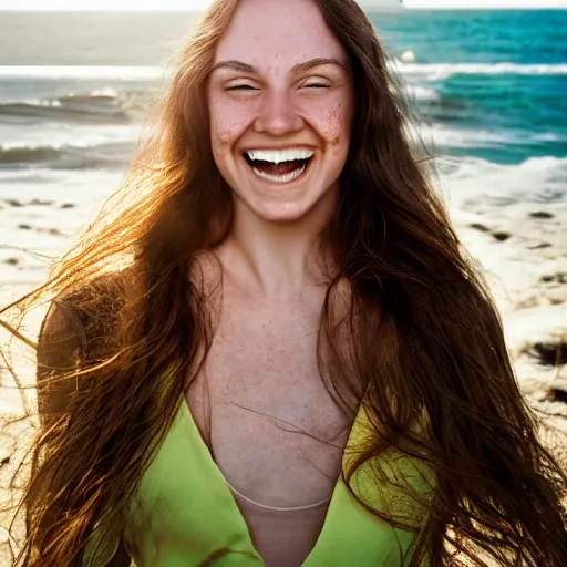 Image similar to A cute young woman, long shiny bronze brown hair, green eyes, cute freckles, smug smile, golden hour, beach setting medium shot, mid-shot, photography by Erwin Olaf