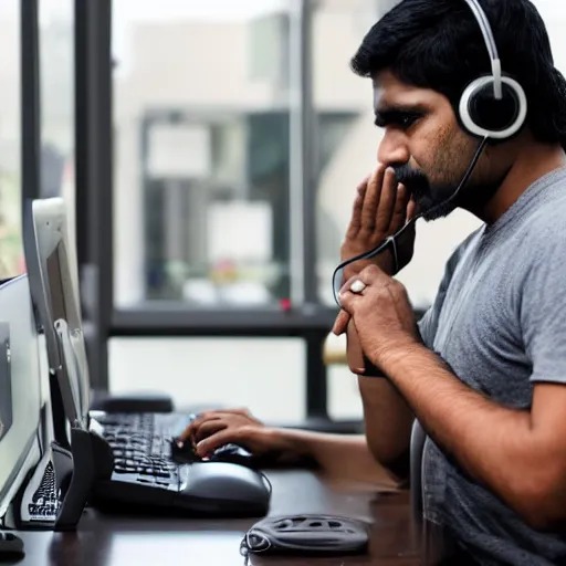 Image similar to Angry Indian man wearing headphones and using his old computer, at job headquarters, dslr photo