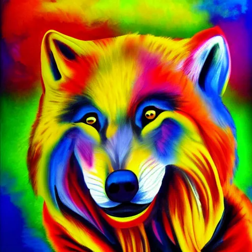 Prompt: painting of retarded wolf, vivid colors