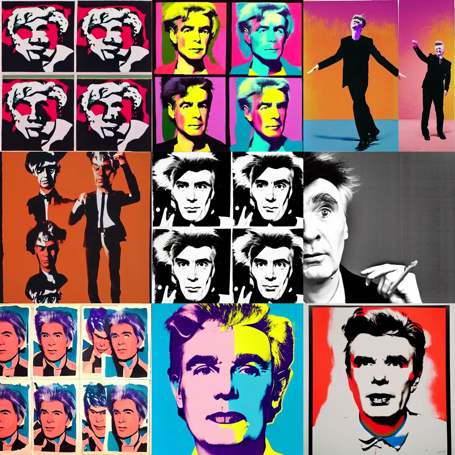 Prompt: david byrne dancing around the room, painted by andy warhol