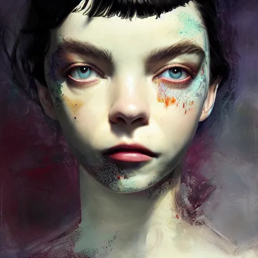 Prompt: expressive oil painting, alien dark fae girlboss based on jennifer connelly mixed with anya taylor - joy, bumpy mottled skin, big black feathered wings instead of arms, body horror, by yoshitaka amano, by greg rutkowski, by jeremy lipkinng, by artgerm, digital art, octane render