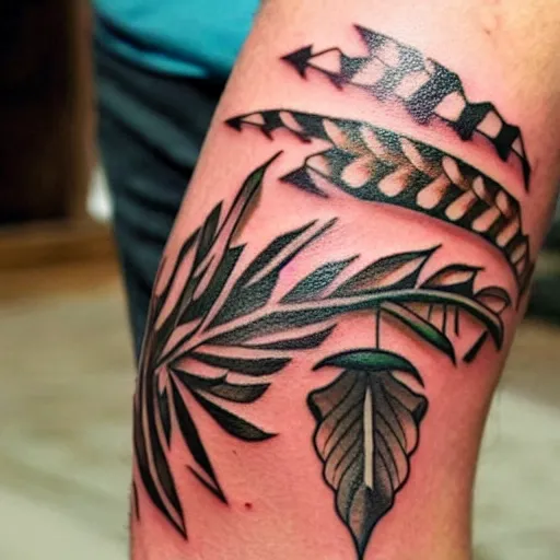Prompt: neotraditional Tattoo of a switchblade with fern wrapping around it