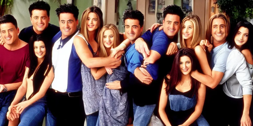 Image similar to the cast of friends but everyone is joey tribianni