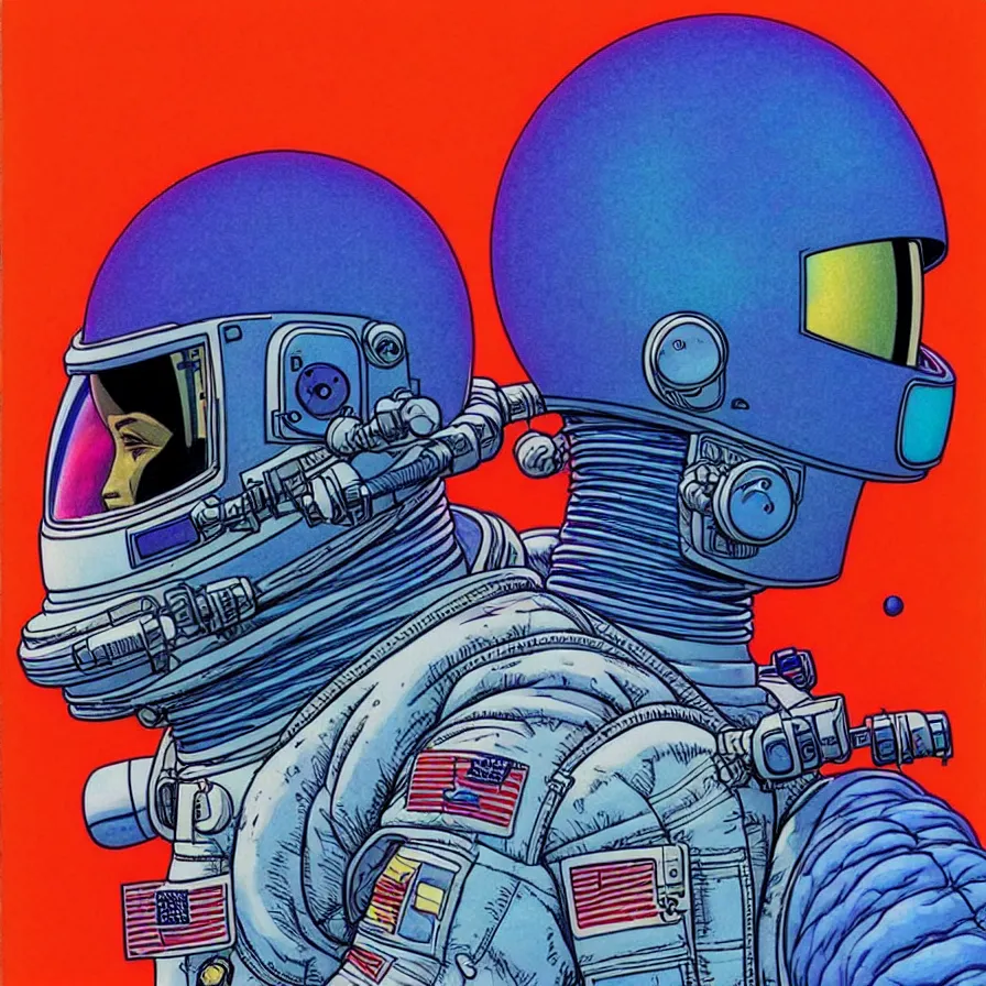 Image similar to ( ( ( ( an astronaut bust shot, with decorative frame design ) ) ) ) by mœbius!!!!!!!!!!!!!!!!!!!!!!!!!!!, overdetailed art, colorful, artistic record jacket design