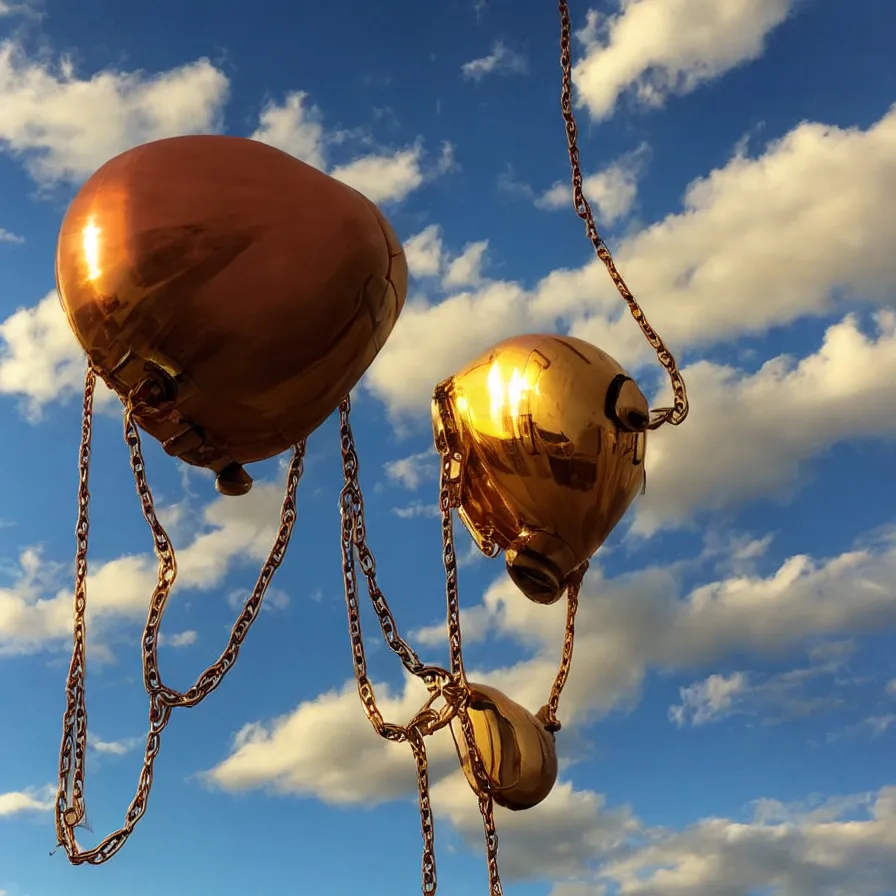 Image similar to beautiful blimps!!! high in the sky, copper chains hanging from the edges, ( ( ( steampunk styled ) ) ), ( ( golden hour ) ), steam clouds, clouds, award winning photography, highly detailed, low poly, extremely wide angle