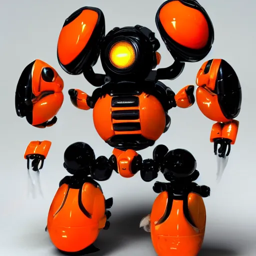 Prompt: tachikoma with white, black and orange accents, photograph, dramatic ligth