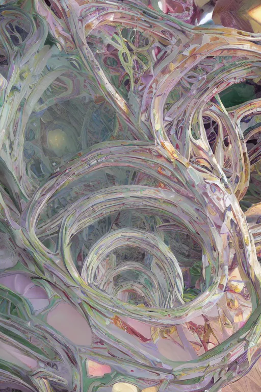 Prompt: hyperrealistic abstract close-up Renaissance psychedelic!! Frank Wright's architecture turns into biotech Zarhi Khalid's architecture!!! in the form of a mobius strip on a mountain landscape!!! parts of the house hang as consoles in the form of lily petals, octane render, hd