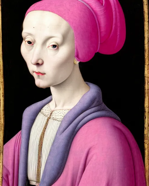 Prompt: portrait of a pale woman with blue hair buns, wearing a pink hoodie, intricate details, high detail, black background, in a high renaissance style, in the style of jan van eyck and jacopo da pontormo, punk, asian art,