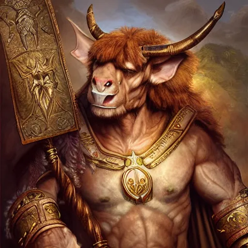 Image similar to digital painting of a minotaur as a high priest by filipe pagliuso and justin gerard, fantasy, highly, detailed, realistic, intricate