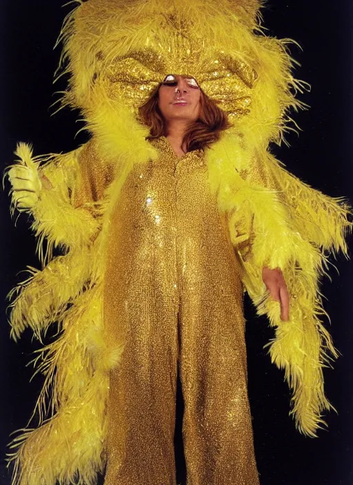 Image similar to realistic detailed photo of the sleeping person, wearing a golden leaf feathers fluffy fur carnival costume with golden sparkles. 1 9 9 0, life magazine reportage photo