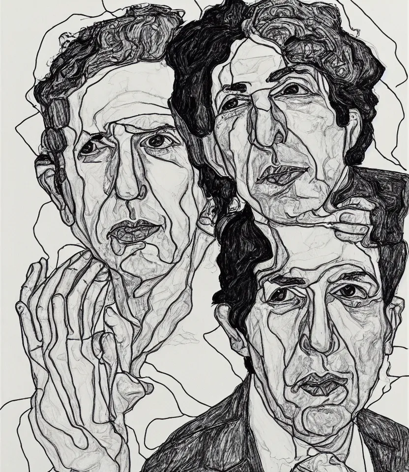 Prompt: line art portrait of leonard cohen inspired by egon schiele and jean de beaugrand. contour lines.