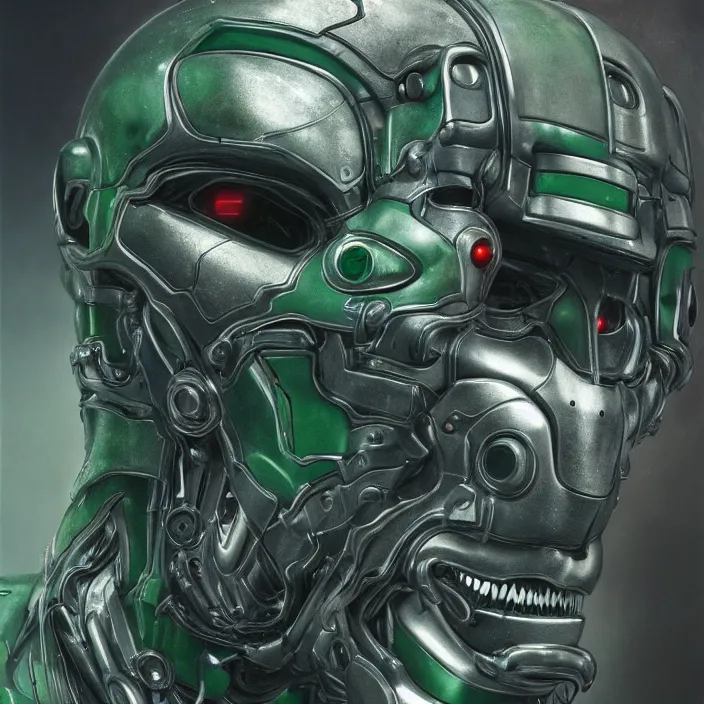 Image similar to h. r. giger esque portrait of a friendly, happy, emerald ultron from age of ultron, fresh of the production line, washed, clean, shiny, clockwork steampunk, head and chest only, by beksinski, 4 k, deviantart, trending on artstation