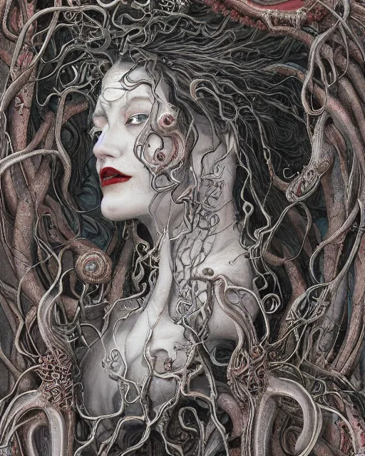 Image similar to centered beautiful detailed side view profile portrait of a insane, crazed, mad vampire old woman, ornate bleeding tentacles growing around, ornamentation, thorns, vines, tentacles, elegant, beautifully soft lit, full frame, by wayne barlowe, peter mohrbacher, kelly mckernan, h r giger