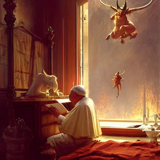 Image similar to the pope is in his bedroom, scared because a horned demon is attacking him. highly detailed painting by gaston bussiere, greg rutkowski, craig mullins 8 k