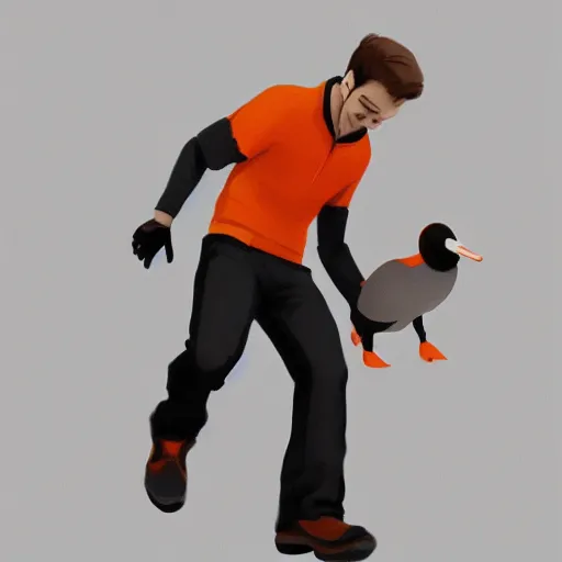 Prompt: man in orange shirt zip - up a goose, artstation