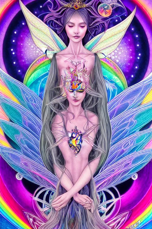 Prompt: the empress, fairy angel, detailed, kaleidoscope, psychedelic, cosmic energy by Kelly McKernan, yoshitaka amano, hiroshi yoshida, moebius, artgerm, cool tone pastel rainbow colors, inspired by dnd, iridescent aesthetic, centered symmetrical and detailed