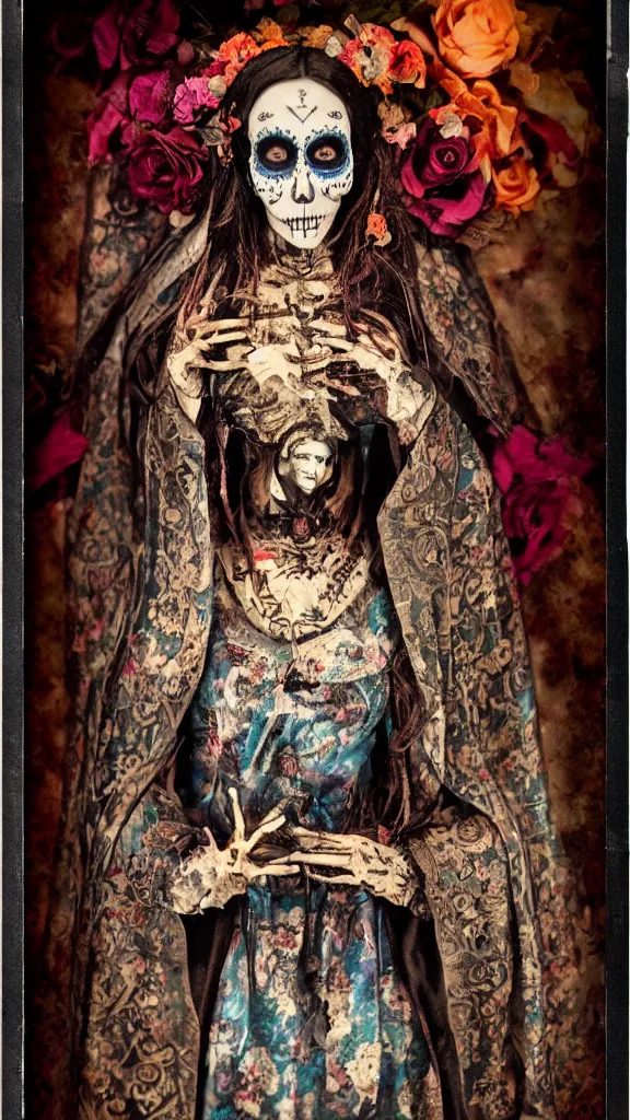 Image similar to tintype full body view, virgin mary in dia de muertos dress and make up, horrific beautiful vibe, evocative, atmospheric lighting, painted, intricate, highly detailed,