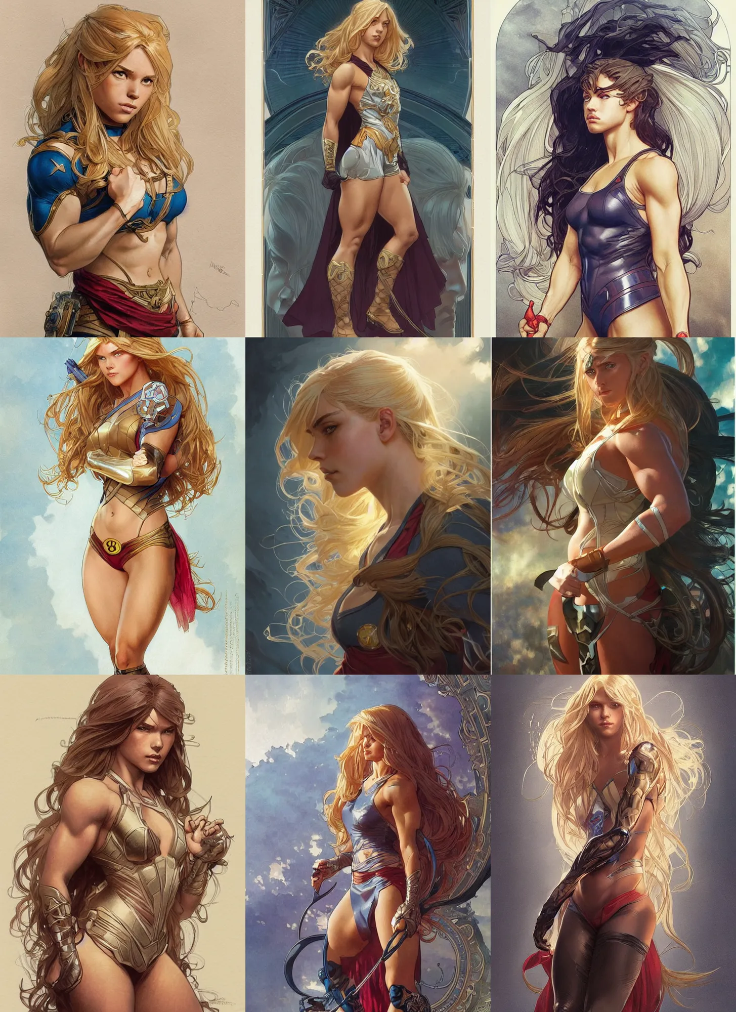 Prompt: a very muscled and young superhero girl with a focused face and extremely long blonde wavy hair, intricate detailed face, artgerm, greg rutkowski, alphonse mucha