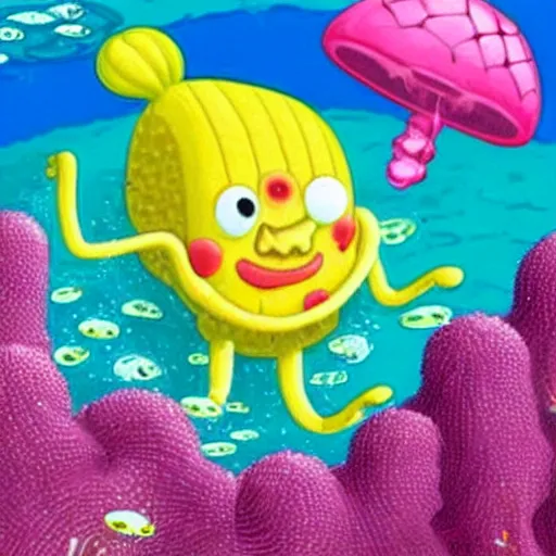 Image similar to pink jellyfish hits Bob's sponge with a net