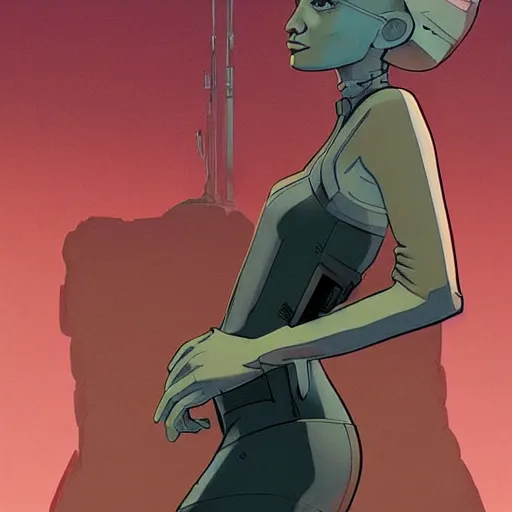 Prompt: a woman looking over her shoulder dramatically, sci fi character portrait by moebius, matt rhodes, greg tocchini