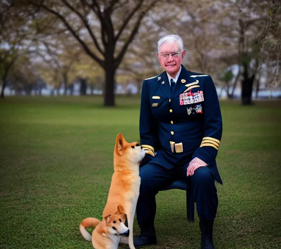 Image similar to 5 5 mm portrait photo of a military admiral with shiba inu face, in a park by luis royo. soft light. sony a 7 r iv