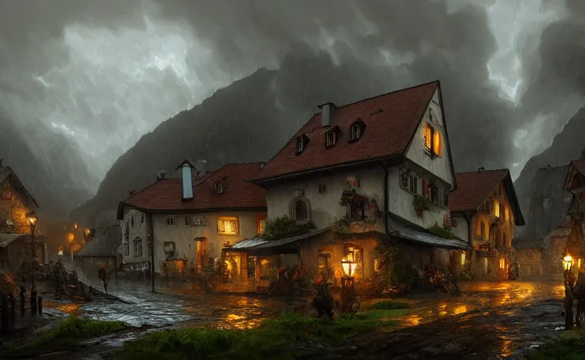 Image similar to extreme long shot concept art depicted rainy old austrian village, high details, dramatic mood, deep environment, art by legends of runeterra and tomasz jedruszek and gabor szikszai, trending on artstation, unreal engine, 8 k, 4 k