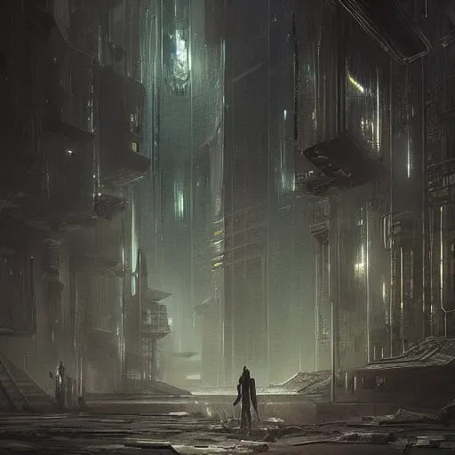 Image similar to abandoned sci-fi city volumetric mystical and dramatic realistic lighting, concept art, fantasy, matte painting, in the style of Greg Rutkowski and H.R. Giger and artemisia, highly detailed