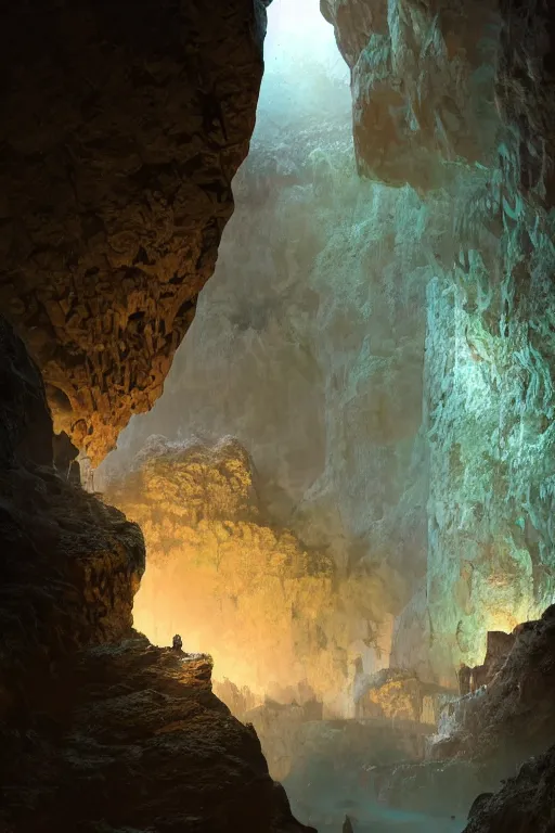Image similar to limestone cave with tiny glowing translucent crystals on the walls , dynamic lighting, volumetric, bokeh, cinematic, establishing shot, extremly high detail, photo realistic, cinematic lighting, post processed, concept art, artstation, matte painting, style by eddie mendoza, raphael lacoste, alex ross